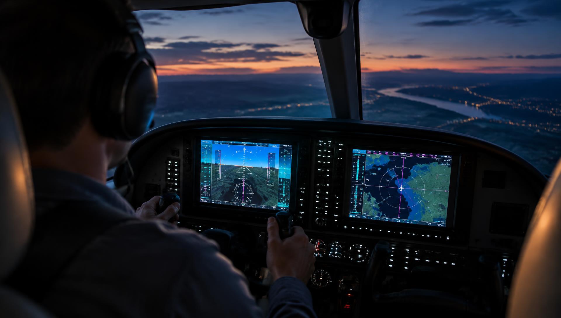 Pilot flying a glass cockpit airplane at dusk